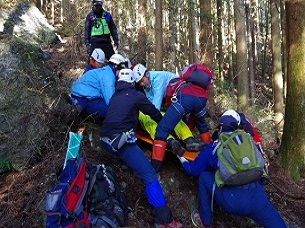 傷病者を担架に収容している写真